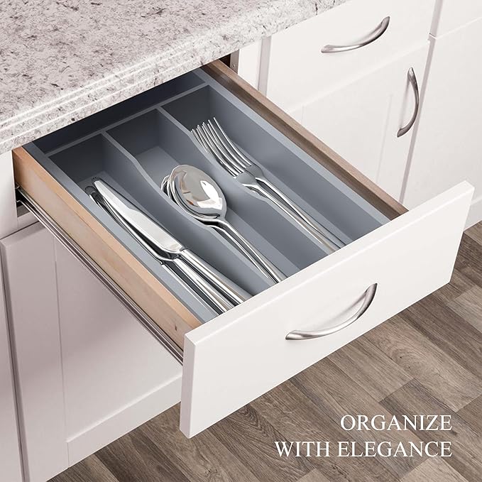 Silverware Organizer, Bamboo Kitchen Drawer Organizer, Utensil Holder, Cutlery Tray & Spoon Flatware Storage with Grooved Drawer Dividers (Grey)
