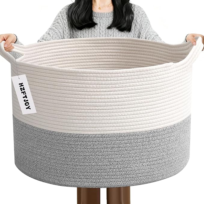 65L Large Blanket Basket,19.7" L x 19.7" W x 13" H Rope Woven Baskets with Handles, Toys Storage Bins,Laundry Basket Perfect for Living Room, Nursery,Bedroom,Home Organization,White&Grey