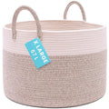 OrganiHaus Large Woven Storage Basket for Blankets and Toys 20" x 13" Inch, Rope Laundry Basket with Handles, Cushions & Pillows Storage Bin, Nursery Hamper, Soft Round Dog Toy Bin - Brown/Off-White
