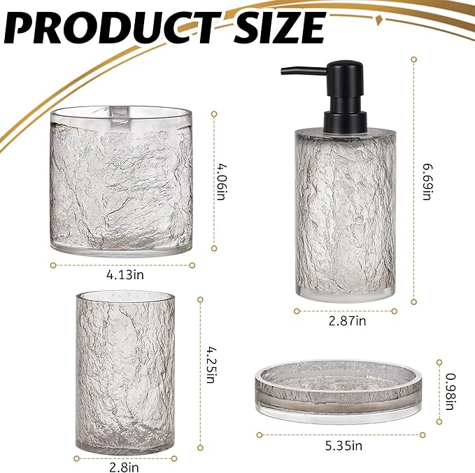 Modern Luxe Bathroom Accessories Set 4 Pcs Resin Bathroom Accessory Set Soap Dispenser Toothbrush Holder Tumbler Soap Dish Easy to Clean Crackle Pattern Translucent Black