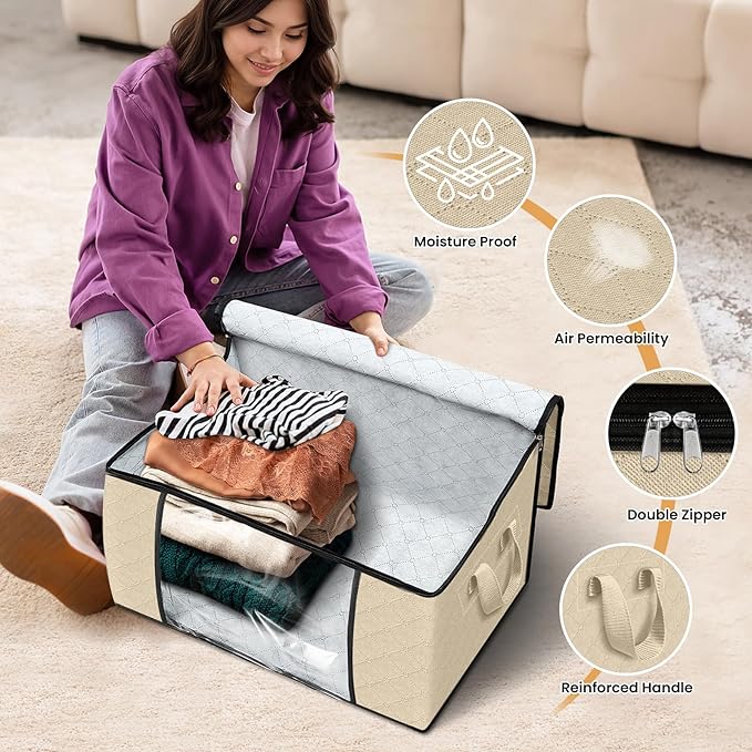 Fab totes 8 Pack Clothes Storage, Foldable Thick Fabric Blanket Storage Bags, Containers for Organizing Bedroom, Closet, Clothing, Comforter, Organization with Handle,Beige