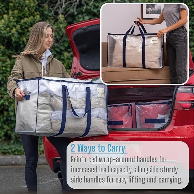 VENO 4 Pack Moving Bags and Large Christmas Storage Bins with lids. Alternative to Moving Boxes, Packing Supplies for College. Extra Large Heavy Duty Totes for Packaging (Clear, 4 Pack)