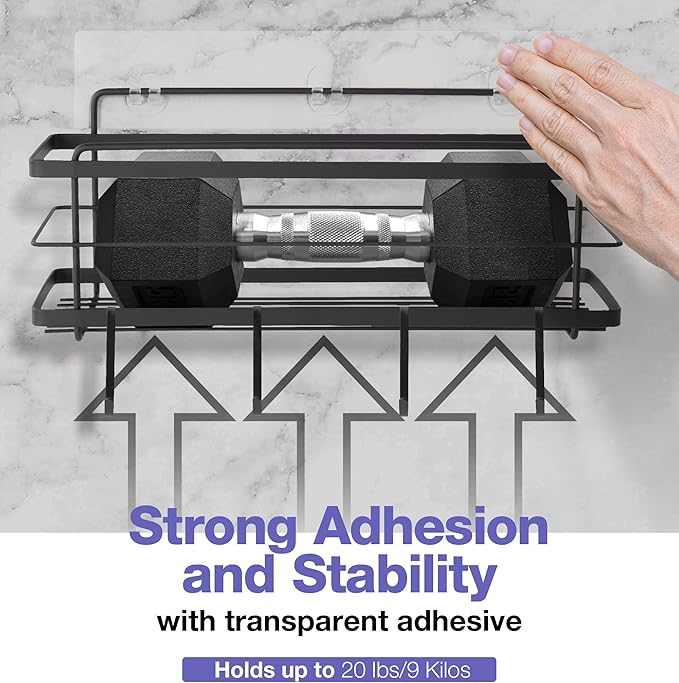 KINCMAX Premium Shower Caddy - Self Adhesive Shower Shelf with 4 Hooks - No Drill Large Capacity Stainless Steel Rack - Aesthetic Organizer for Bathroom Wall Decor - Black