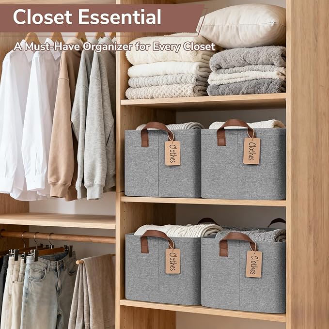 CHICVITA 4 Pack Large Storage Baskets for Shelves, Foldable Storage Bins for Clothes Towels Organization, Toy Organizer Bins for Nursery, Living Room, 16.8" x 11" x 9.8", Gray