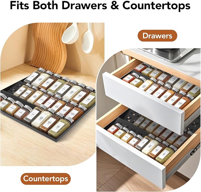 2-Pack Expandable Spice Drawer Organizer (11"-22"), 3-Tier Angled Seasoning Rack for Kitchen, Sturdy Vented Insert with Labels & Funnel, Fits Standard & Biger Spice Jars (Jars Not Included) BK