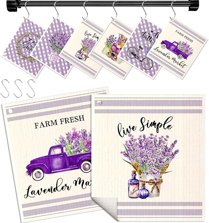 Kitchen Swedish Dishcloths with Hooks - 6 Pack Reusable Dish Cloths for Washing Dishes Fast Drying Cute Fun Swedish Dish Towels Washable Cleaning Sponge, Bicycle Lavender