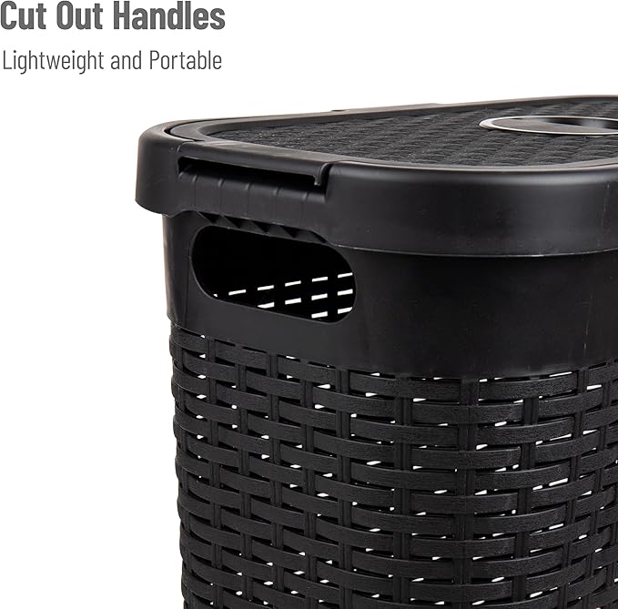 Mind Reader Slim Laundry Hamper with Lid, 40L Clothes Basket, Premium Wicker Design, Plastic, Black