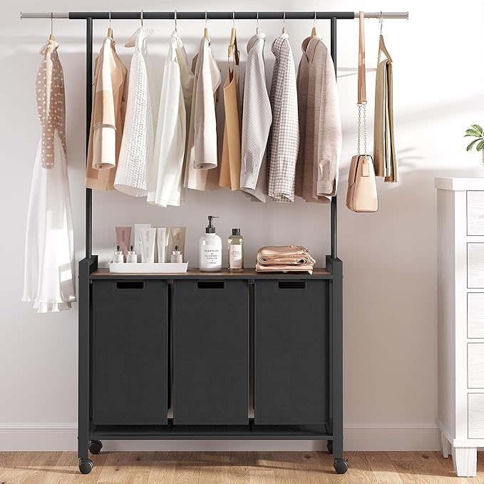 GarveeHome Laundry Sorter, Laundry Hamper 2-Section With Hanging Rack, Rolling Laundry Hamper With Removable Laundry Basket,Laundry Basket Organizer for Laundry Room, Rustic Brown