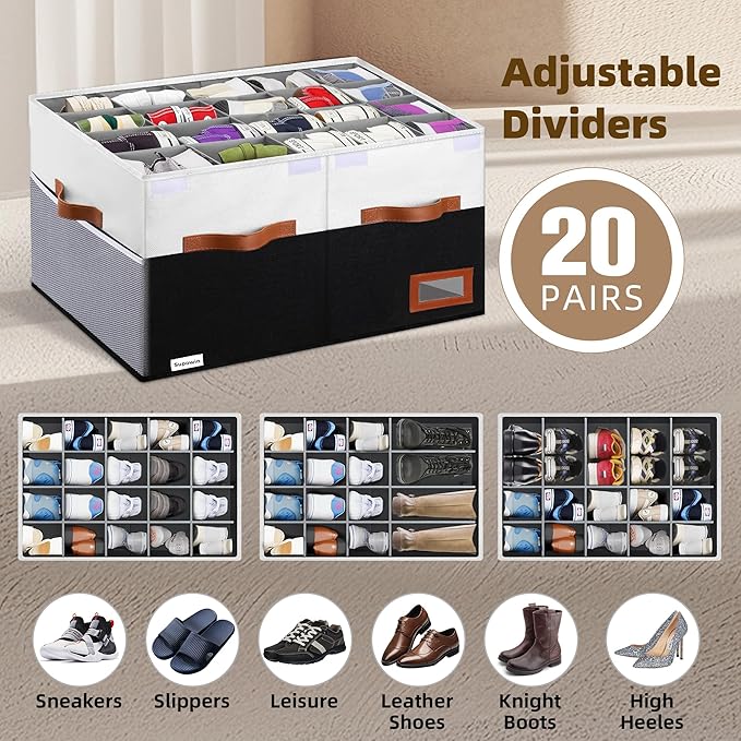 Shoe Organizer for Closet, Foldable Shoe Storage Bins with Lid & Adjustable Dividers, Fabric Shoe Box Storage Containers with Four Reinforced Handles, Fits 20 Pairs, 1 Pack, Black & White