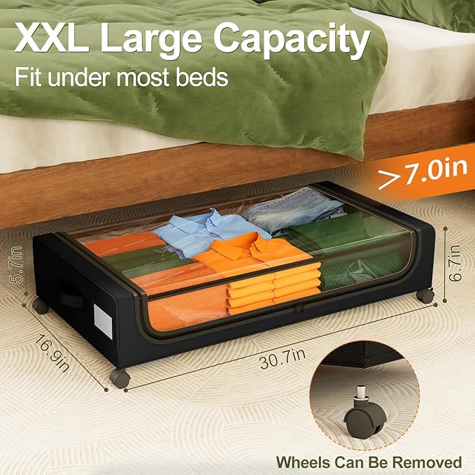 GoMaihe Under Bed Storage with Wheels: 48L Underbed Storage Containers with Clear Lids - Rolling Drawers & Bins for Shoes Clothes in Dorm Bedroom - Space-Saving Easy Pull-out Black 4-Pack