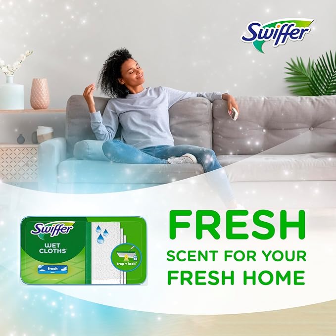 Swiffer Sweep + Mop, Wet Pads Refill, Floor Cleaner for Dirt, Dust, Hair, Cleaning Cloths for Mopping Home, Bathroom, Kitchen, All Purpose Multi-Surface Floor Wipes, Fresh and Gain, 36ct