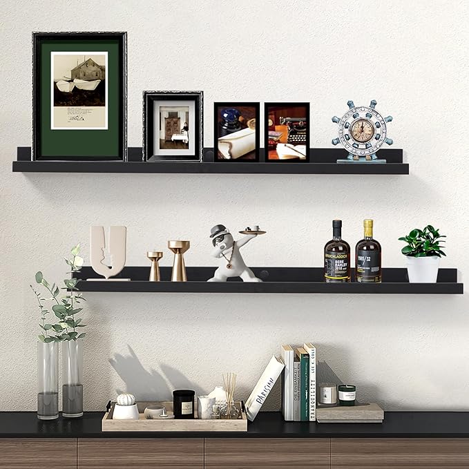 Black Floating Shelves 36 Inch Modern Picture Frame Shelf for Wall Picture Ledge Shelves with Lip Wooden Book Shelves Set of 2 Bathroom Shelf Organizer for Living Room Bedroom Kitchen Wall Decor