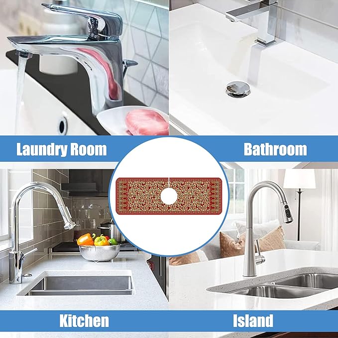 Sink Splash Guard Faucet Mat Red Retro Boho Flowers Absorbent Fast Drying Mat Sink Gadgets Splash Guard Behind Faucet Drip Catcher for Kitchen Bathroom 15.5"X5.5"