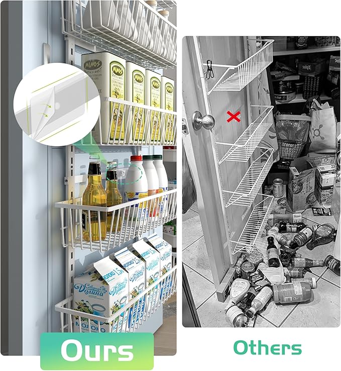 Over The Door Pantry Organizer, Pantry Organization and Storage, 6-Tier Deep Baskets Hanging Heavy-Duty Metal, Wall Spice Rack Seasoning Shelves for Home & Kitchen, Laundry Room Bathroom, White