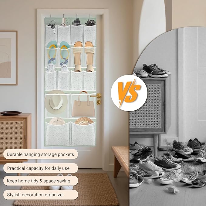 16 Pockets Over Door Hanging Organizer,Back of Door Shoes Organizer with 4 Kind of Pouches,Behind Closet Hanging Shelf Holder for Sock,Hat,Underwear,Travel Outfit,Storage Organization for Home,Dorm,RV