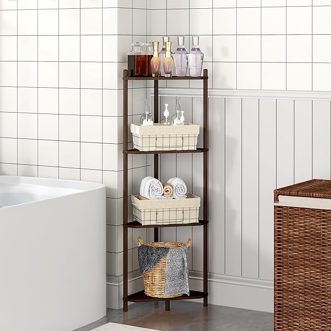 Corner Shelf Stand - 4 Tier Bamboo Small Corner Bookshelf for Office Kitchen Bedroom Plant Stand Living Room Decor Small Space (Brown, 4 Tier)