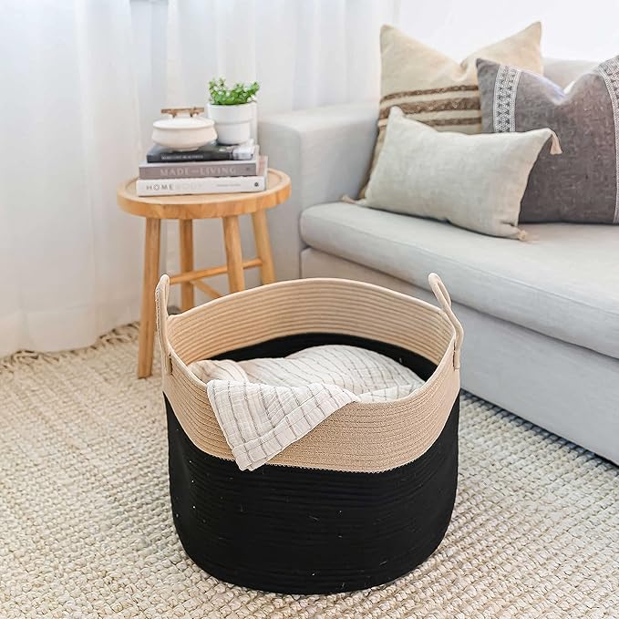 OrganiHaus Large Woven Storage Basket for Blankets and Toys 20" x 13" Inch, Rope Laundry Basket with Handles, Cushions & Pillows Storage Bin, Nursery Hamper, Soft Round Dog Toy Bin - Black/Honey