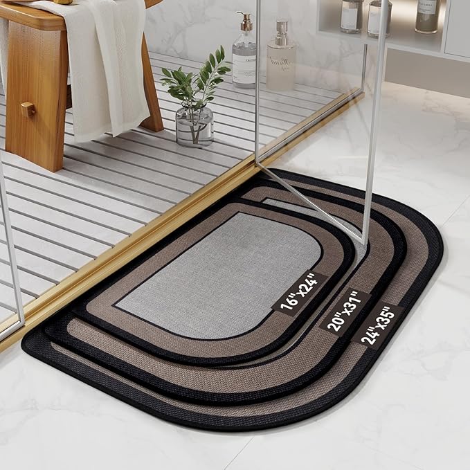 YDKGL Half Circle Bath Mat, Thin Bathroom Rugs Fit Under Door Quick Dry Non Slip Washable Bathroom Mat with Rubber Backing, Absorbent Half Round Shower Mat Rug,Gray Brown
