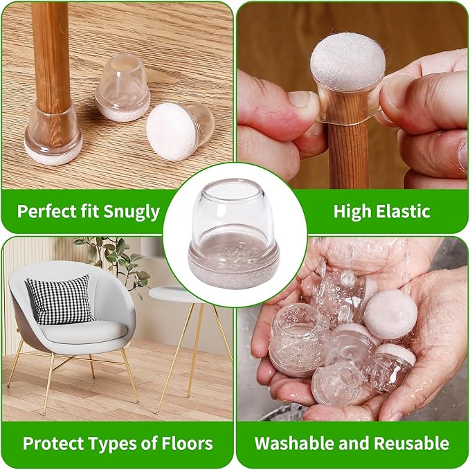 24PCS Clear Chair Leg Floor Protectors, Round Felt Furniture Pads for Hardwood Floors, Silicone Chair Leg Caps, Chair Feet Covers to Protect Floor from Scratches & Noise(Fit: 0.55"-0.75")