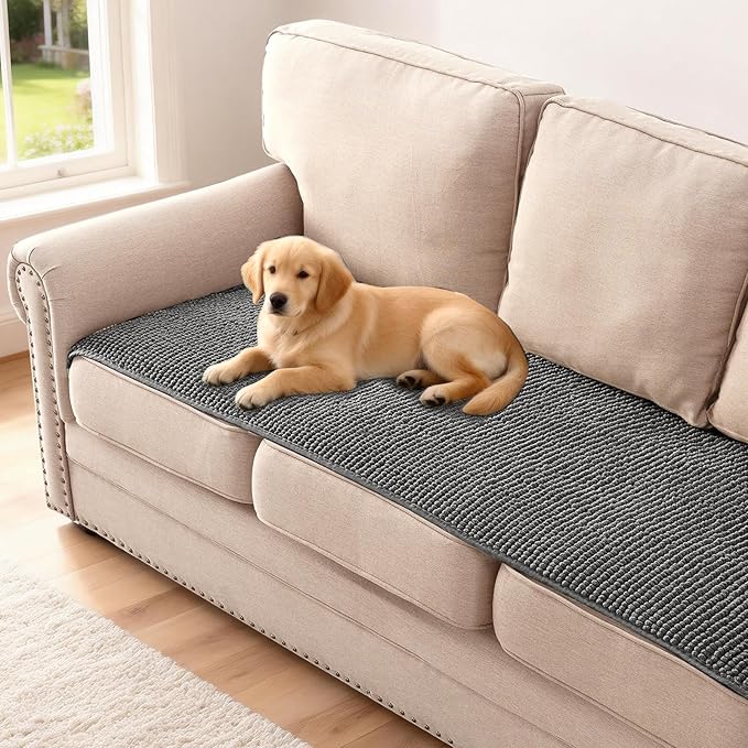 H.VERSAILTEX Plush Chenille Couch Cover for 3 Cushion Couch Anti Slip Washable Sofa Slipcovers Soft and Durable Furniture Protector for Dogs Cats Kids (27.5" x 59", Gray)