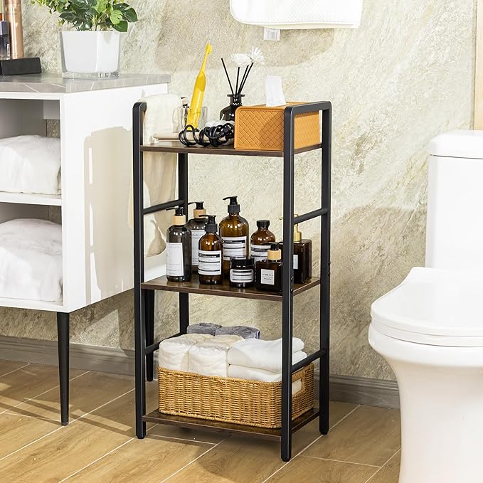 Aquzee 3-Tier Bathroom Standing Shelf, Metal Small Bathroom Storage Shelves, 3 Tiers Wood Narrow Shelving Unit, Multipurpose Freestanding Shelf Unit for Laundry Room Restroom & Toilet Organizer