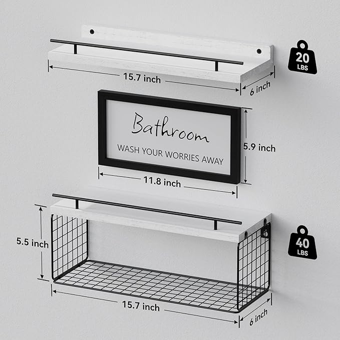 WOPITUES Floating Shelves for Wall Decor Sign, Bathroom Organizer and Storage, Bathroom Shelves Over Toilet with Metal Guardrail-Modern White