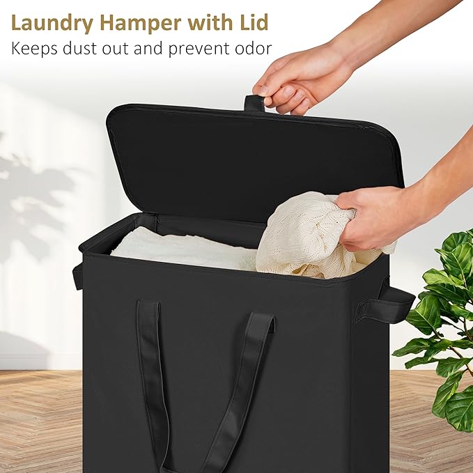 efluky Slim Laundry Basket with Lid, Narrow Laundry Hamper with Handles, Collapsible Dirty Clothes Hamper, Tall Laundry Bin for Laundry Room, Dorm and Bedroom, 55L Black