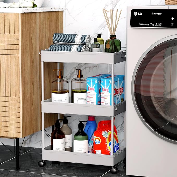 SPACEKEEPER Rolling Storage Cart 3 Tier Bathroom Cart Organizers with Wheels Laundry Room Organization Mobile Shelving Unit Utility Cart Storage Shelves Multi-Functional for Office, Home, Gray