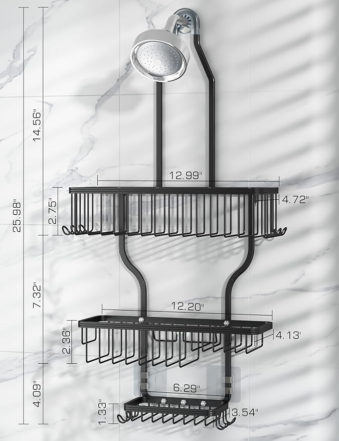 YASONIC Shower Caddy Over Shower Head Never Rust Aluminum Large Hanging Shower Caddy with 10 Hooks for Razor/Sponge - Over The Shower Head Caddy with Soap Basket - Hanging Shower Organizer Black