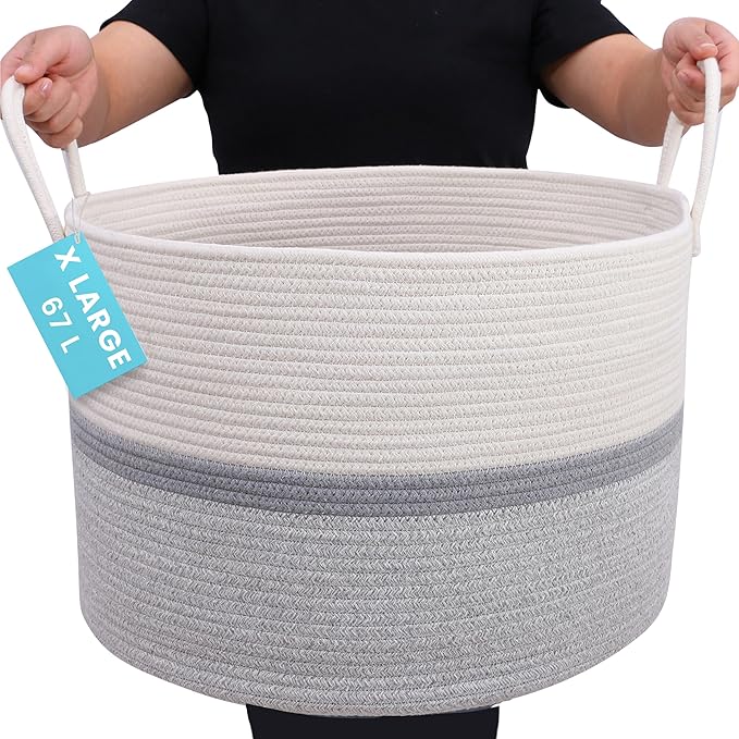 OrganiHaus Large Woven Storage Basket for Blankets and Toys 20" x 13" Inch, Rope Laundry Basket with Handles, Cushions & Pillows Storage Bin, Nursery Hamper, Soft Round Dog Toy Bin - Gray Stripe