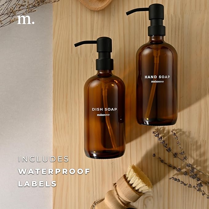 MaisoNovo Soap Dispenser 2-Piece Set | 16.9oz Amber Bottles with Black Plastic Pumps