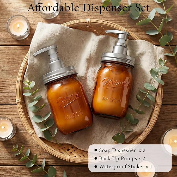 Amolliar Plastic Mason Jar Soap Dispenser with Pump Lid,16OZ Refillable Hand Soap Dispenser Set with Cute Lables - Farmhouse Decor for Kitchen Bathroom, Liquid Soap, Dish Soap, Lotion (2 Pack, Amber)
