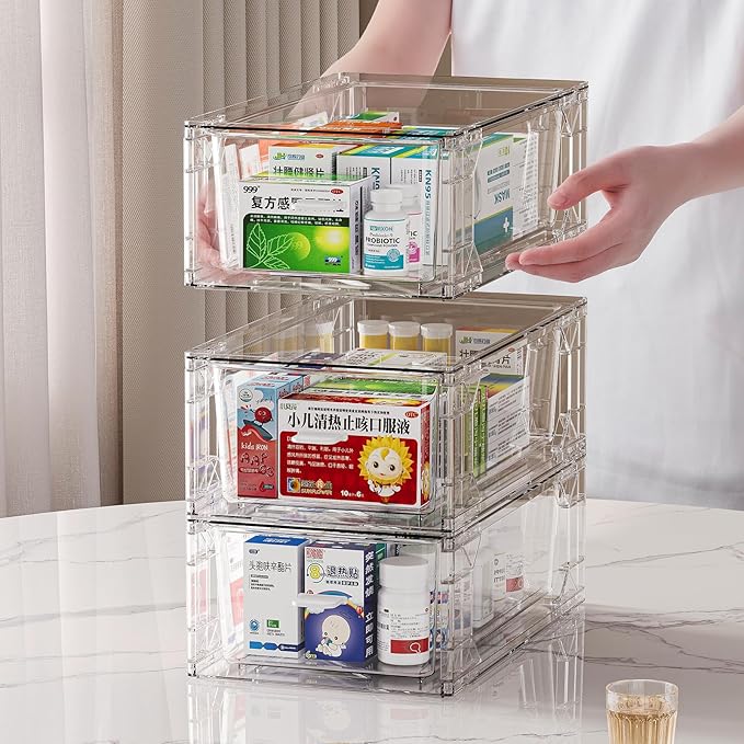 clear Drawer-Type Plastic Storage Box Bins Organizer，Family First Aid Kits Medicine cabinet Box Organizer,Closet ，Shelf，Ointments, Adhesive Bandages，Cosmetics,Office Items (clear, ZZ4L)
