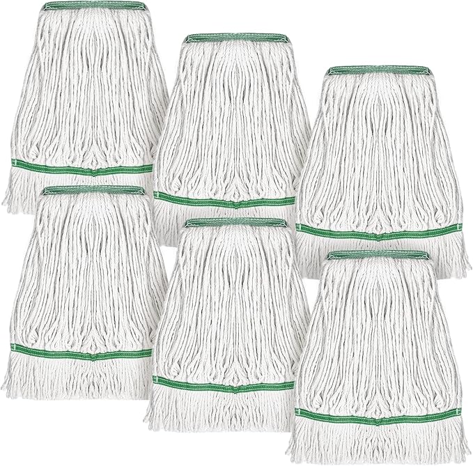 20oz Commercial Mop Head Replacement, 6 Pack Heavy Duty Industrial Cotton Loop-End String Wet Mop Head Refills for Home Garage Office Kitchen Industrial Floor Cleaning (White, Green)