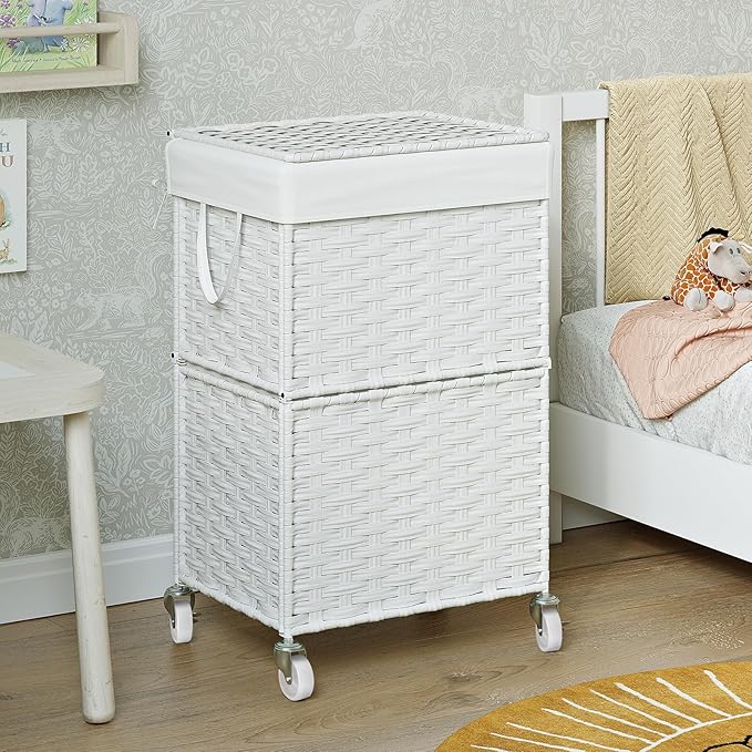 Chrislley 90L Slim Laundry Hamper with Wheels, Rolling Laundry Basket with Lid and Renovable Liner Bag, Handwoven Rattan Organizer for bedroom, bathroom, laundry room (White)