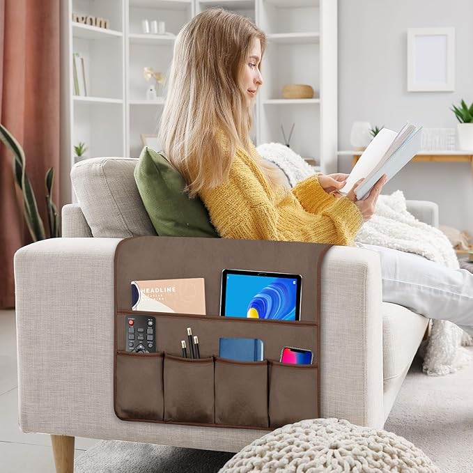 WETRBWEH TV Remote Control Holder Couch Caddy, Non-slip Bedside Caddy Organizer with 5 Pockets for Key Glasses Phone Magazine Holders (Brown, 35''x18'')
