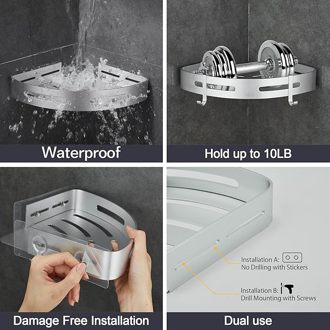 WPT Corner Shower Caddy, 2 Pack Adhesive Shower Corner Shelf, Shower Organizer Storage Wall Mounted No Drilling for Bathroom and Kitchen, Silver