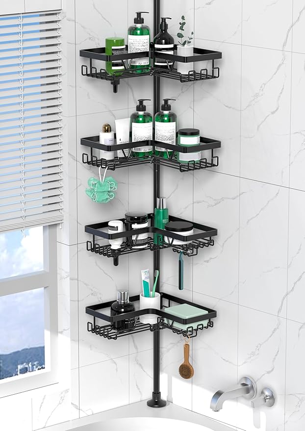 Corner Shower Caddy Tension Pole - 4 Tier Stainless Steel Rustproof Shower Corner Caddy for Bathtub Bathroom Shower Organizer Shelves Adjustable Pole 25-114.2 Inch Black