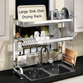 3 Tier Extra Large Stainless Steel Expandable Over The Sink Dish Drainer Drying Rack, Rust Proof Metal, Space Saving, Modern Silver Big Capacity Extendable Plate Strainers Above Kitchen Counter