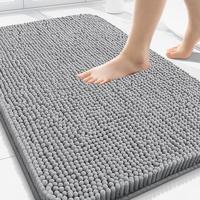 Arotive Bathroom Rugs 30x20, Extra Soft Absorbent Shaggy Chenille Bath Rugs, Machine Washable Rubber Backing Non-Slip Bath Mats for Bathroom Floor Tub and Shower, Home Decor Accessories, Light Grey