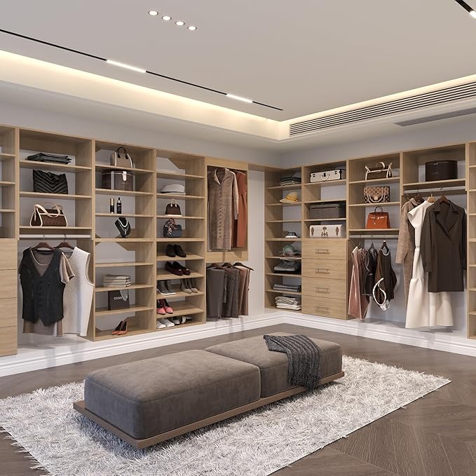 Modular Closet System, 78" Wide Closet Organizer System with Hanging and Towers, Wood Tower Closet Storage for Walk In Closets, Wall Mounted Wardrobe Organizer Kit System, Bedroom, Wood