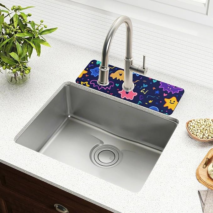 Kitchen Sink Splash Guard 1 PC 30 Inch Sink Faucet Mat Splash Guard for Bathroom Countertop Water Absorbent Foldable Cuttable Soft Washable Halloween Neon Ghosts Stars and Bats