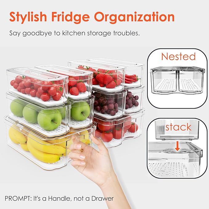 Fridge Organizers and Storage, 10 Pack Clear Freezer Organizer Bins with Lids for Kitchen, Pantry, Refrigerator, Food, Fruit, Vegetable Storage