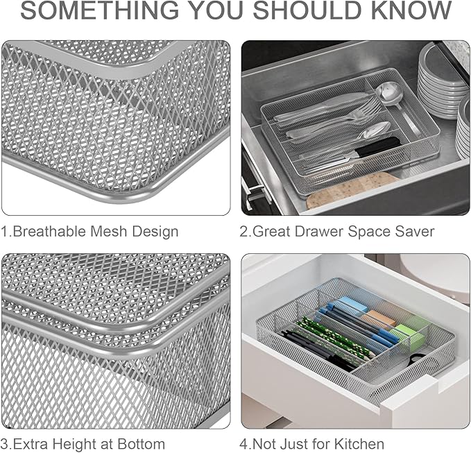 TQVAI Silverware Organizer - 5 Slots Non-Slip Mesh Kitchen Drawer Organizer - Metal Compact Utensil Cutlery Holder in Drawer Tray, Silver
