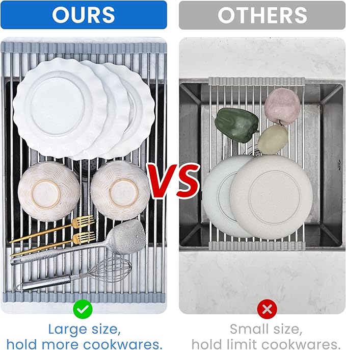 Roll Up Dish Drying Rack, Adjustable Over Sink Dish Drying Rack for Kitchen, 10"-20" Foldable Sink Rack to Dry Dishes & Drain Items, Stainless Steel Over Sink Cover Drying Mat