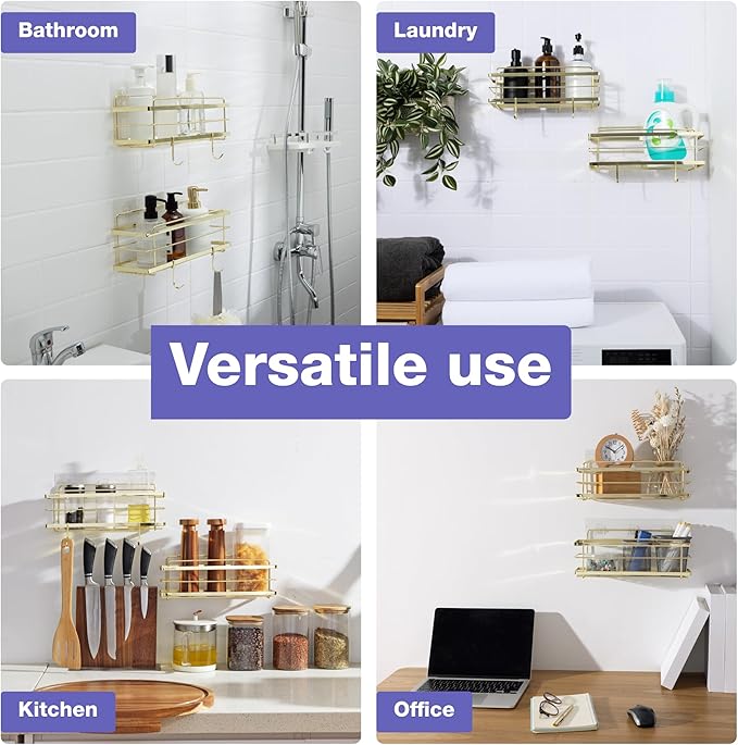 KINCMAX Premium Shower Caddy - 2-Pack Adhesive Organizer - No Drill Bathroom Shelves - Rustproof Stainless Steel for Inside Shower Shampoo Holder Storage Rack - Gold