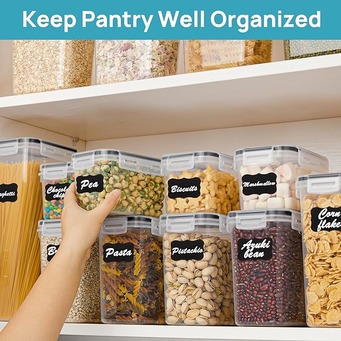 Airtight Food Storage Containers with Lids, Vtopmart 24 pcs Plastic Kitchen and Pantry Organization Canisters for Cereal, Dry Food, Flour and Sugar, BPA Free, Includes 24 Labels，Black