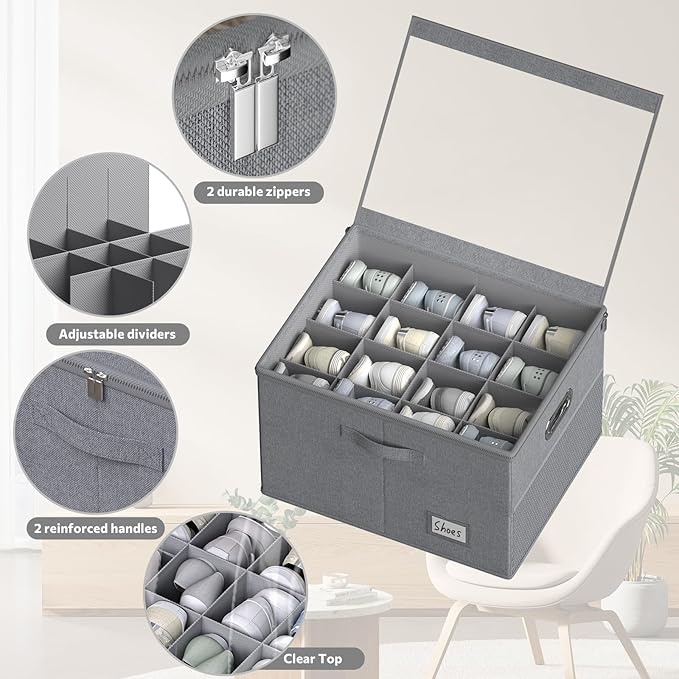 Shoe Organizer for Closet, Large Shoe Box Storage Containers with Clear Window, Space Saving Shoe Bin with Foldable Bottom Support Adjustable Dividers - Fits 16 Pairs (Grey, (19.7*15.7*13)x1)