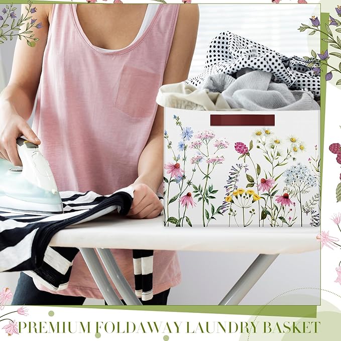 Boao 3 Pack Floral Storage Baskets for Gifts Empty Collapsible Large Wildflowers Storage Bins, Herbs Flowers Canvas Laundry Basket Organizer with Handle for Bedroom Home Office Clothes Closets Toys