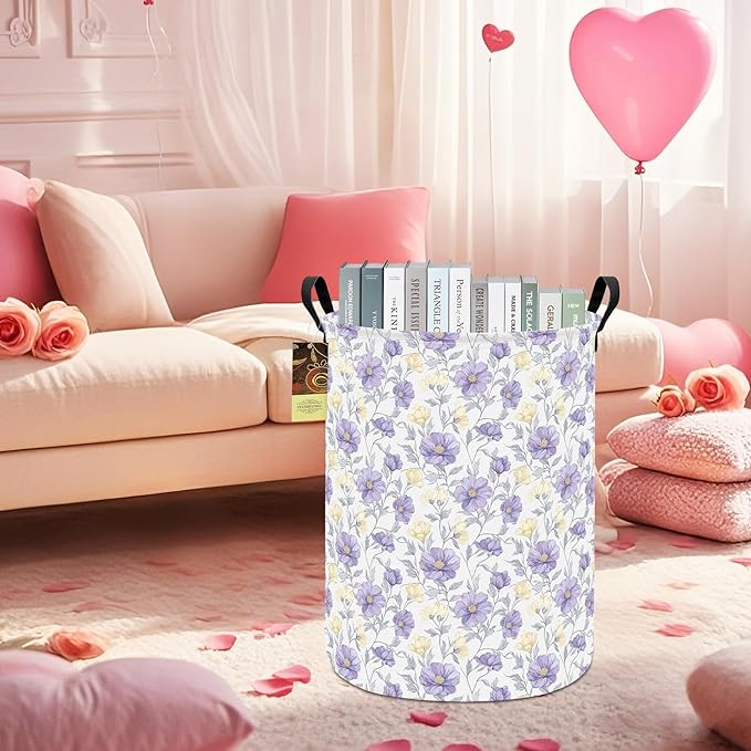 HUNRUNG Laundry Hamper,Large Canvas Fabric Lightweight Storage Basket Toy Organizer Dirty Clothes Collapsible Waterproof for College Dorms（Round-Purple Flowers）